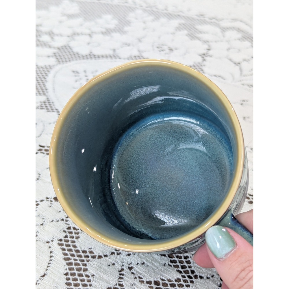 Vintage Coffee Mug Teal Blue Iridescent Studio Pottery Square Handle - Picture 12 of 14